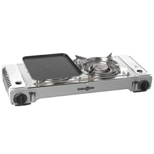 BRUNNER 2-in-1 Tisch Camping-Kocher Zweiflammig mit Grillplatte DEVIL DOUBLE GRILL